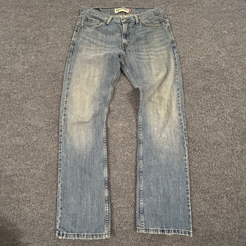 Levi Jeans Mens Size 33 Blue 514 Slim Straight Medium Wash Denim Frayed Hem